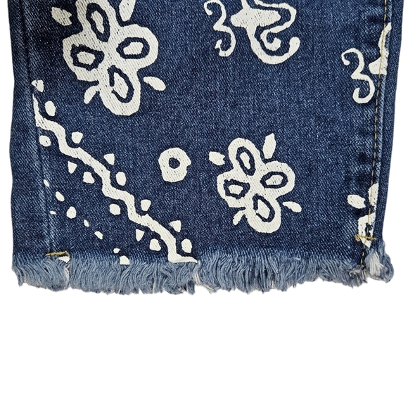 Paisley Print Patchwork Jeans Size Large Raw Hem Colorblock Denim Straight Leg - Picture 9 of 16